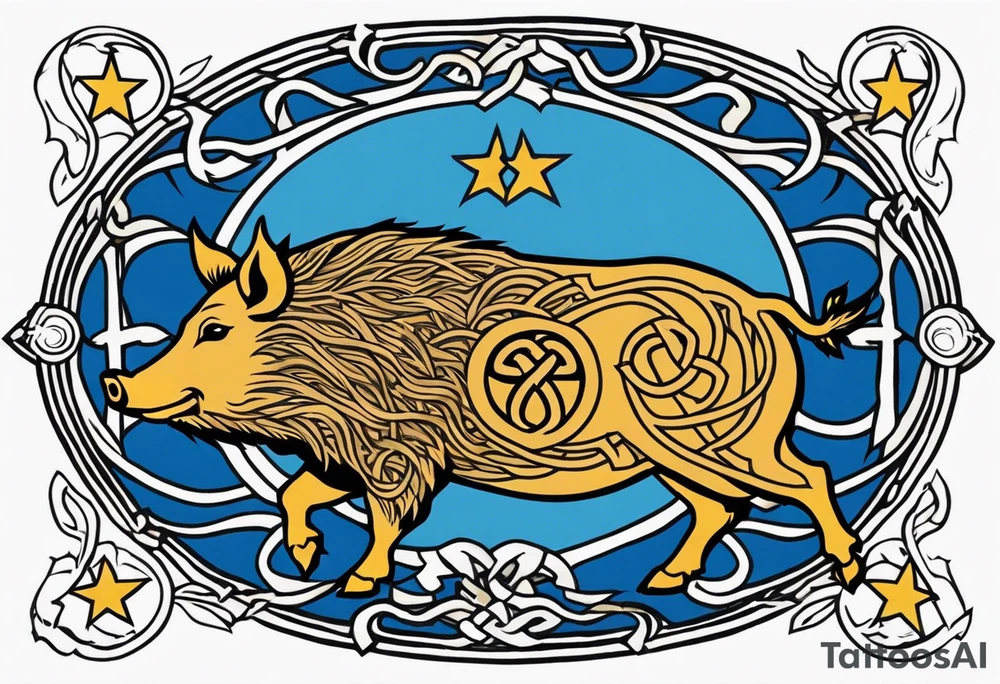 Side profile, Celtic, tribal, wild boar, On a Chatwin family crest with blue background, two gold stars, and a gold Chevron, and a Thistle tattoo idea