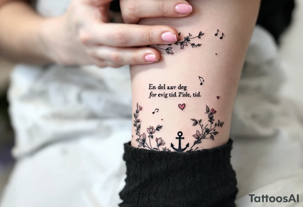 make a qoute sayin "En del av deg for evig tid. 
Pappa 20.12.24"
Surrounded by delicate long blossom gladious, music notes, hearts and an anchor on the lower right side tattoo idea