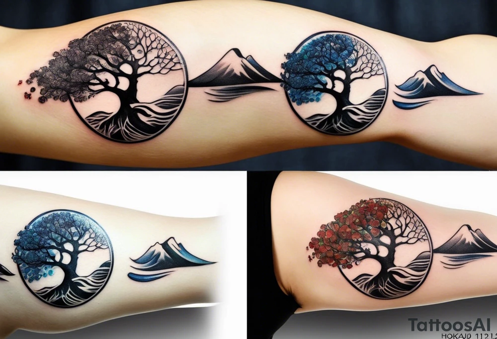 A tattoo of an abstract Tree of Life tattoo to be placed directly on the bicep of a woman. It can wrap around the arm a little. It should have roots growing out of the bottom. The roots slowly turn into water from the Great Wave by Hokusai. A golf flag should be placed discreetly growing out of the ground. 2 license plate tags should be hanging from the tree. Place a few music notes in the areas the leaves should be. The letters A U should be engraving into the tree trunk in a heart. tattoo idea