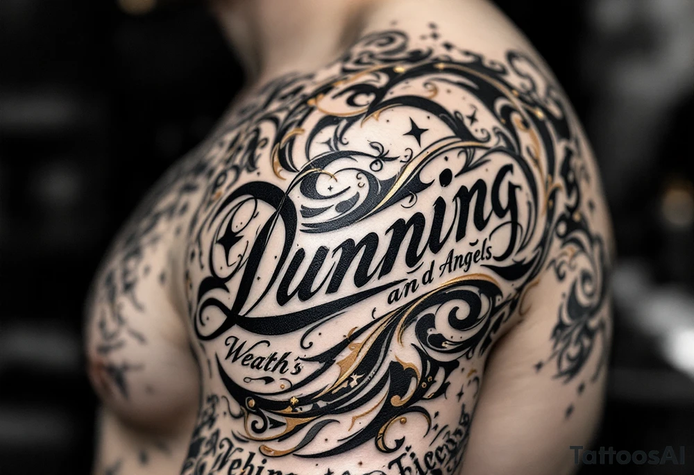 Dunning, details include bold strong font, gold highlights, theme of wealth and angels tattoo idea