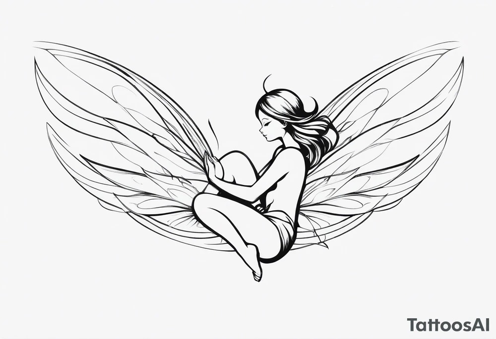 Minimalistic, monochromatic fairy with a tail flying to the left in a fetal position, leaning and looking in the same direction, with visible hands, embodying the 'Fairy Tail' logo aesthetic. tattoo idea