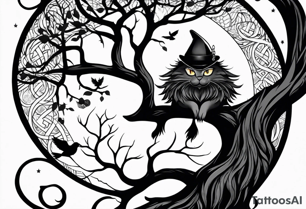 world tree with a cat and a raven and knotwork upper arm tattoo tattoo idea