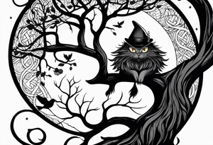 world tree with a cat and a raven and knotwork upper arm tattoo tattoo idea