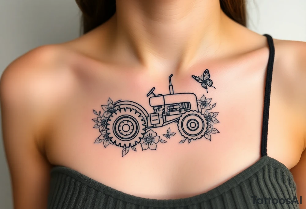 A dainty feminine tractor surrounded by flowers and a butterfly tattoo idea