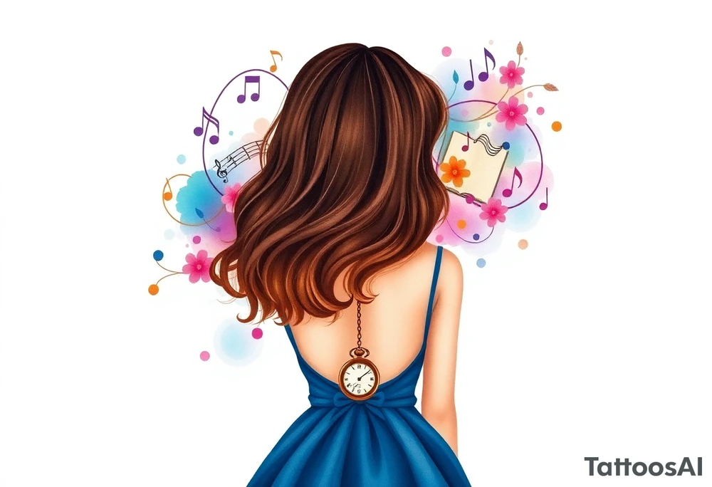 Back view of the silhouette of a brown hair girl in a blue dress. She is following a colorful swirl with music notes, books, and flowers. A pocket watch is at the end of the swirl. tattoo idea