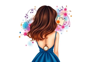 Back view of the silhouette of a brown hair girl in a blue dress. She is following a colorful swirl with music notes, books, and flowers. A pocket watch is at the end of the swirl. tattoo idea