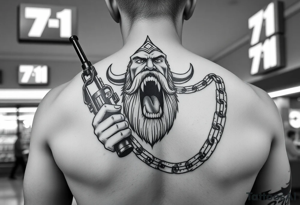 Someone standing in from of 7/11 with a gun and in the other hand is a chain with a Viking at the end of it he’s angry mouth open and giant teeth tattoo idea