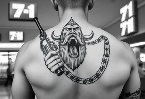 Someone standing in from of 7/11 with a gun and in the other hand is a chain with a Viking at the end of it he’s angry mouth open and giant teeth tattoo idea