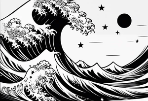 line art space with waves tattoo idea