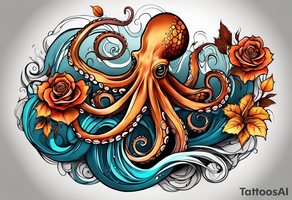 masculine abstract left thigh tattoo with a large long flowing octopus in water swirls wrapping around rocks, with a rose, in fall colors with some small leaves and fall elements tattoo idea