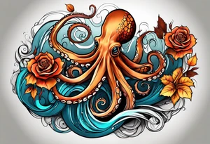 masculine abstract left thigh tattoo with a large long flowing octopus in water swirls wrapping around rocks, with a rose, in fall colors with some small leaves and fall elements tattoo idea