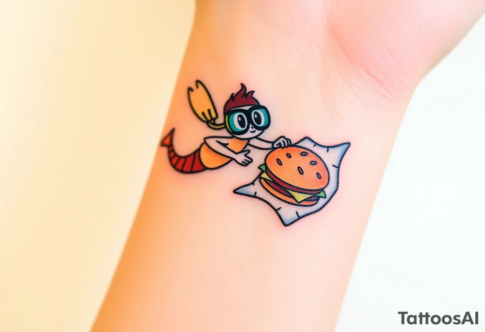 Scooba diver, diving with manta ray with burger on his hand tattoo idea