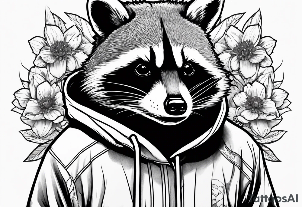 raccoon wearing a Superman hoodie with orange blossoms tattoo idea