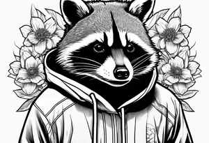 raccoon wearing a Superman hoodie with orange blossoms tattoo idea