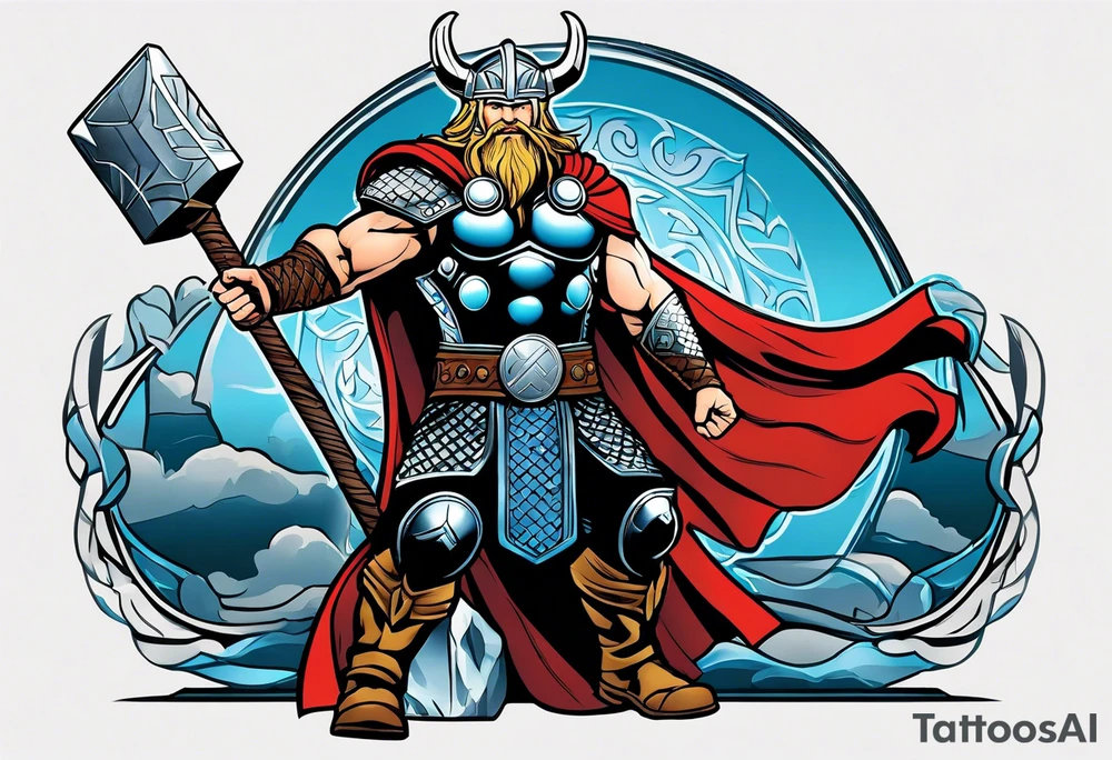 Thor in color with him holding mjolnir and a vignette of viking rune design tattoo idea