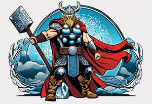 Thor in color with him holding mjolnir and a vignette of viking rune design tattoo idea