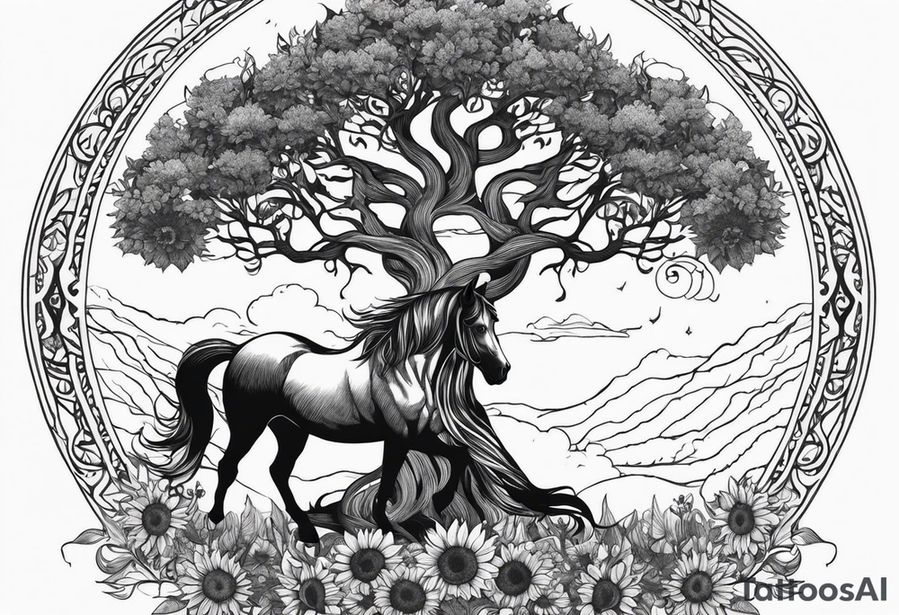 Yggdrasil tree, horse in front of it, and sunflowers tattoo idea