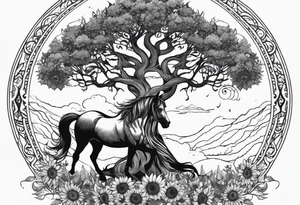 Yggdrasil tree, horse in front of it, and sunflowers tattoo idea