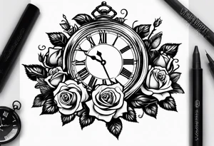 roses with broken chains and a clock in the middle tattoo idea