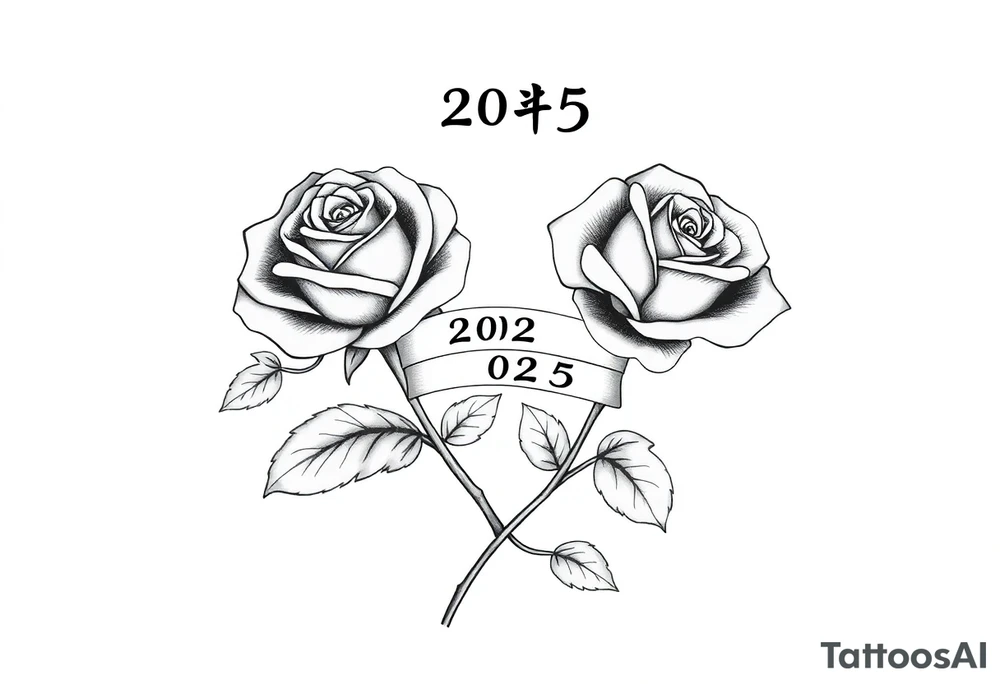 two beautiful large rose buds, one larger than the other, with many leaves and their stems intertwined, with one sitting higher than the other. Include a banner connecting the two roses with "2025" on it.  The word "Rose" written in Kanji above the drawing.  Use dark outlines with little shading. The two stems should be short, not long, and connect and join into one stem, whimsically curved or twisted - not straight down. tattoo idea