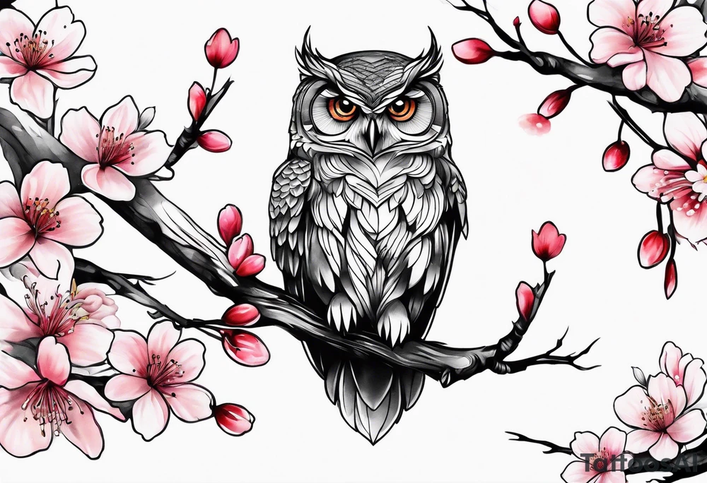 Owl and cherry blossoms tattoo idea