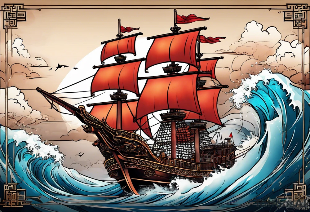 Chinese pirate ship in a tsunami tattoo idea