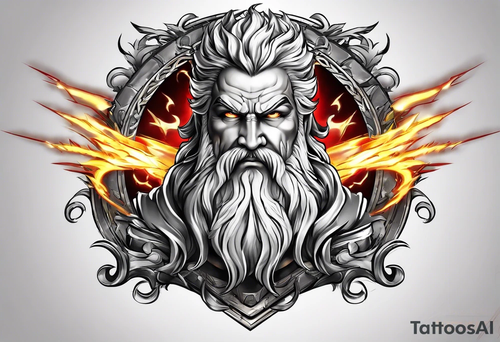 Zeus tattoo with lighting eyes, angry and holding lighting bolts tattoo idea