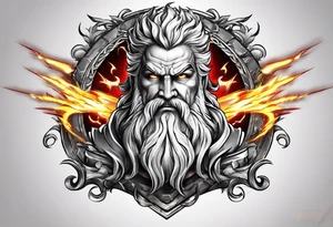 Zeus tattoo with lighting eyes, angry and holding lighting bolts tattoo idea