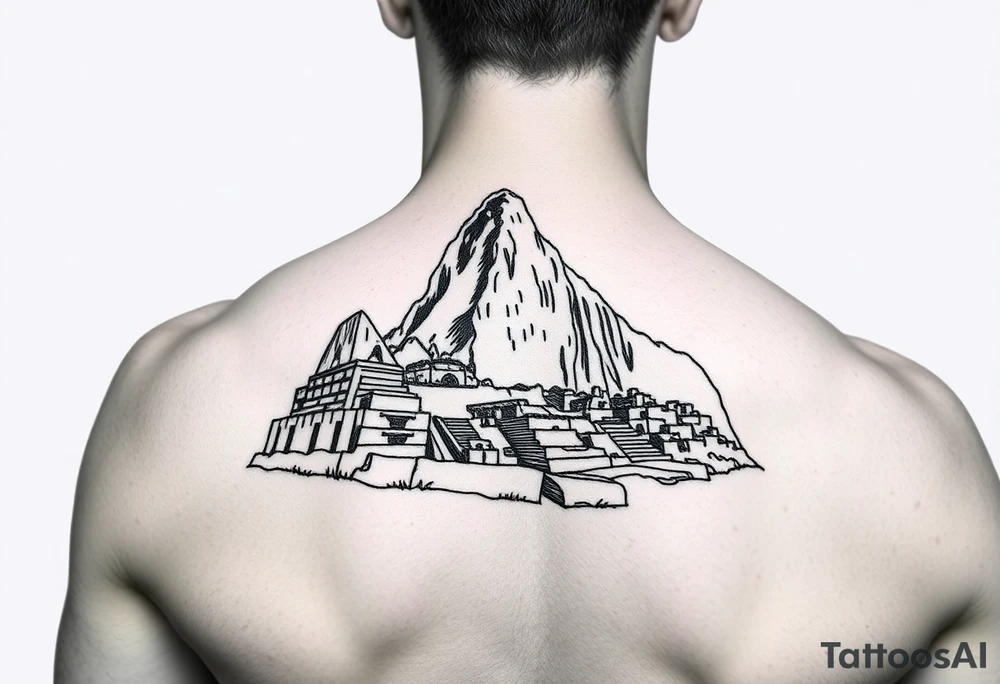 Mahcu Picchu in solid black and white only tattoo idea