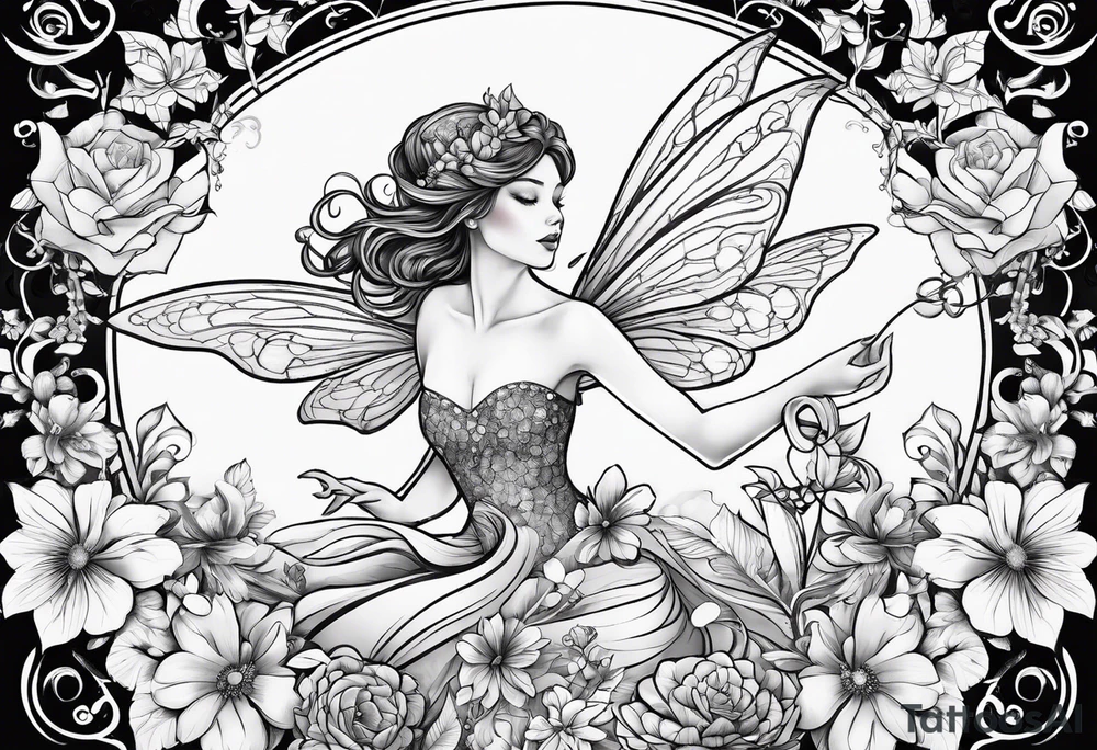 Flying Fairy with flowers, including arms and legs tattoo idea