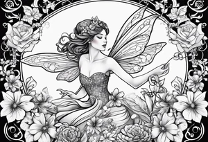 Flying Fairy with flowers, including arms and legs tattoo idea