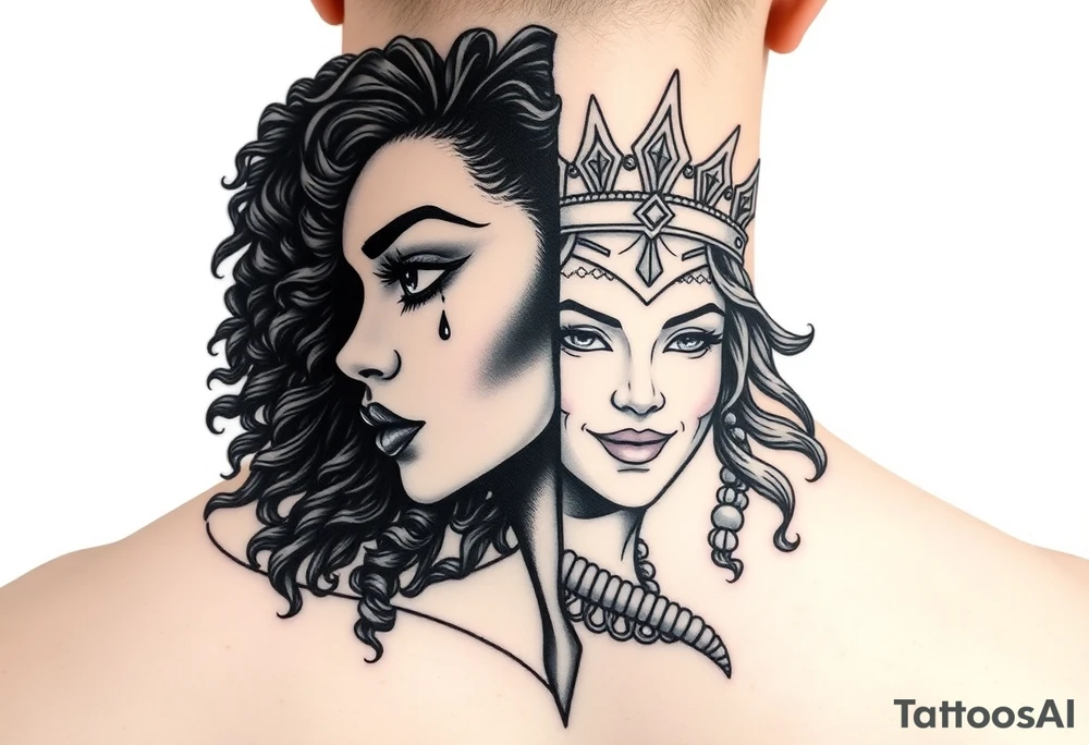 A beautiful woman with beautiful curly hair, and a teardrop falling from her eyes, African American- other 1/2 a beautiful warrior women with a crown and a smirk on her face. Embodying 1/2 faced one soft and gentle-one strong and mighty tattoo idea
