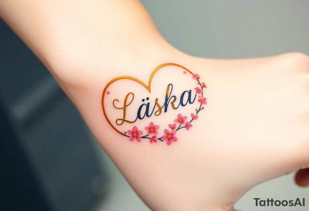 A golden infinity loop with tiny cherry blossoms surrounding the word "Láska", representing beauty, romance, and fleeting yet eternal love tattoo idea