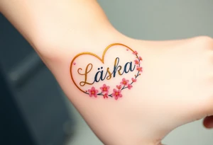 A golden infinity loop with tiny cherry blossoms surrounding the word "Láska", representing beauty, romance, and fleeting yet eternal love tattoo idea