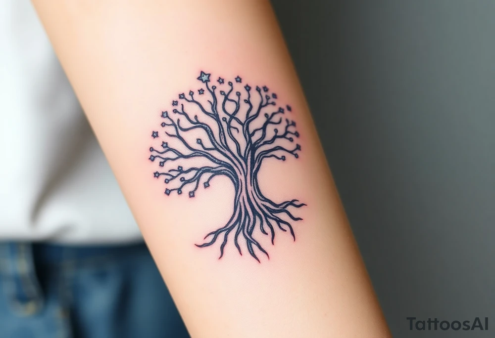 mystical tree of life with cosmic roots and celestial branches tattoo idea