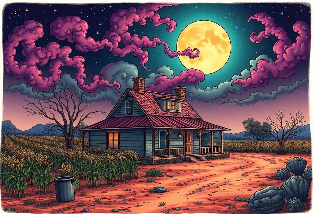 Tim Burton’s el paso texas farm house, with corn crops and pecan orchard from outside view is the street abandoned and dripping with muted reds, dusty pinks, and eerie green glow purple and cyan smokey clouds swirl and dance in the moonlit night sky filled with twinkling stars  tattoo idea tattoo idea