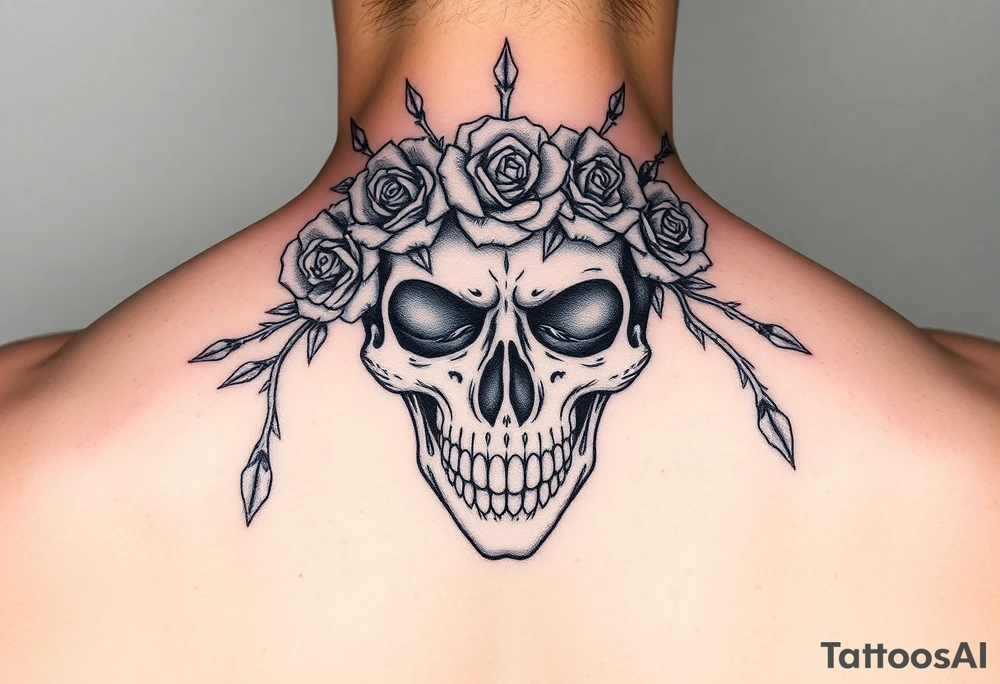 ornate skull adorned with crown of wild roses and thorns tattoo idea