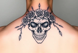 ornate skull adorned with crown of wild roses and thorns tattoo idea