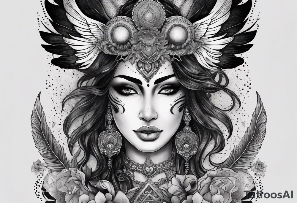 black kali, goddess pirate, alien, angel, pachamama, valkrye, warrior, flying, skull, lotus azul, wing, eagle, zenza resonance, stars, 5D, anahata chakra, death, durga, riding on a tiger, flying lady, kundalini, chest tatoo, samuri, rebel, serpent tattoo idea