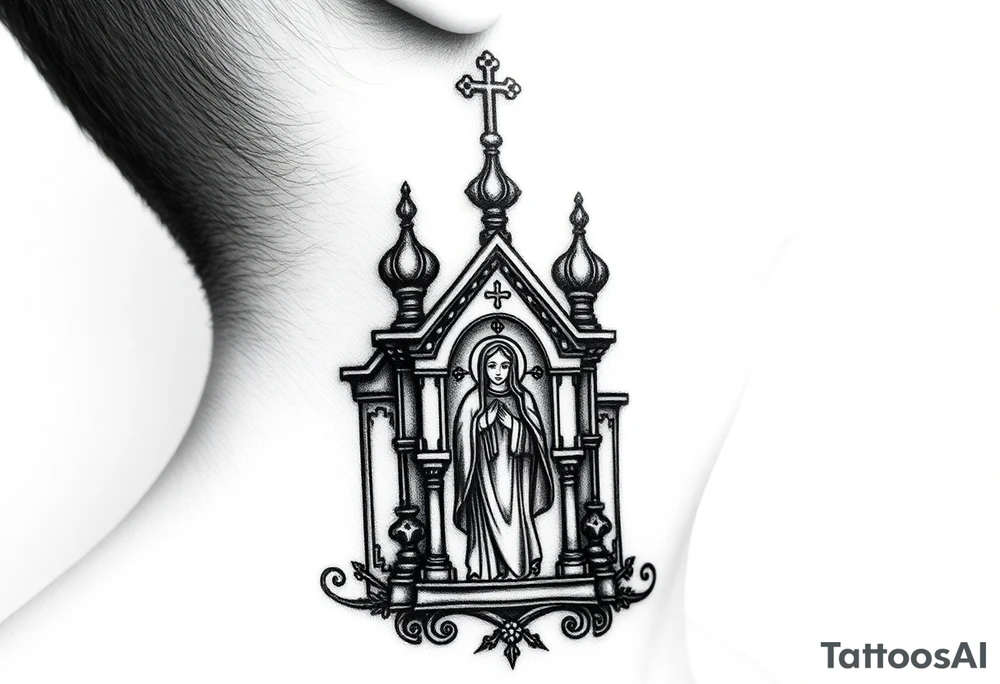 medium traditional russian orthodox church with russian coat arms and virgin mary on the side of your neck tattoo idea