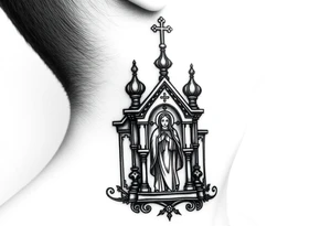 medium traditional russian orthodox church with russian coat arms and virgin mary on the side of your neck tattoo idea
