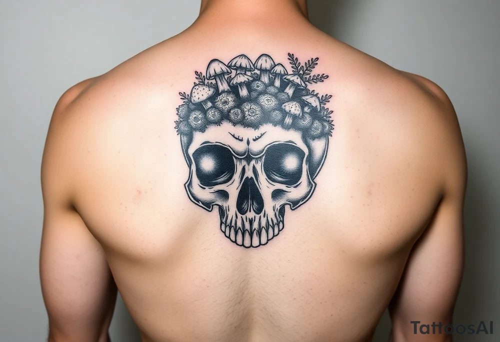 Skull with moss and mushrooms on it tattoo idea