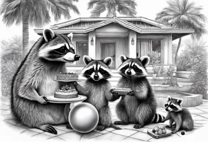 Raccoon Family in Front of her New villa with Pool.
The Husband hast Tools in His Hands.
The wife holds a cake.
The Childs plays with a ball tattoo idea