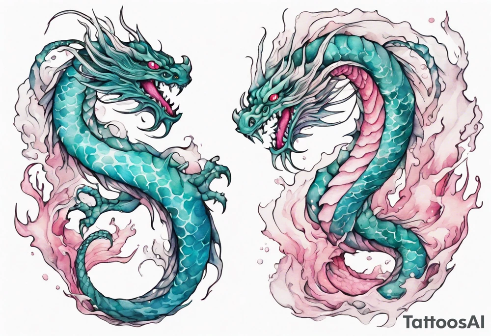 a turquoise and white and pink sea wyrm with beautiful eyes emerging from the blue waves of the ocean tattoo idea