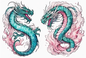 a turquoise and white and pink sea wyrm with beautiful eyes emerging from the blue waves of the ocean tattoo idea