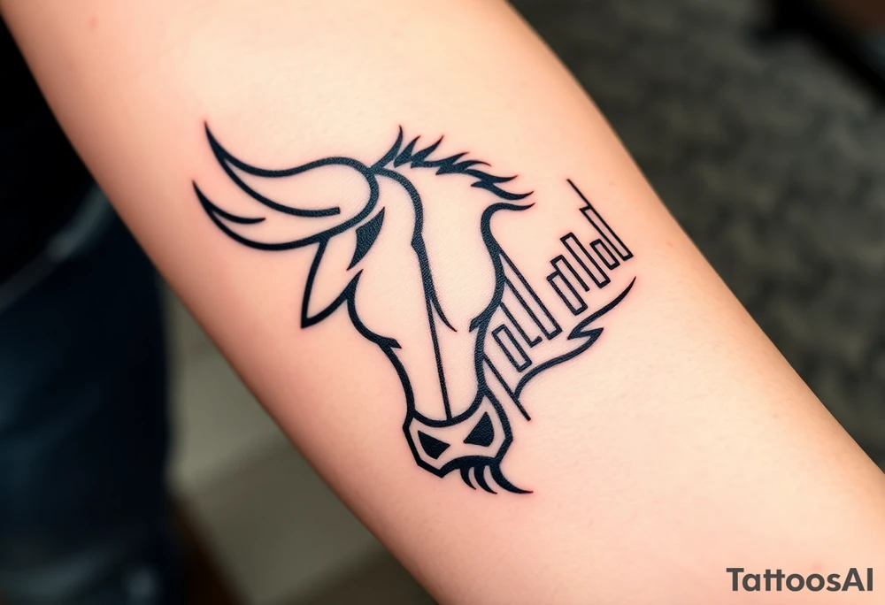 Create a minimalist black line tattoo of a bull’s head that transitions into an upward-trending candlestick stock chart. The design should have clean, fluid lines and combine the bull’s face and horns on the left, with the candlestick chart rising to the right, forming the shape of the bull’s jaw/neck. Keep the style simple and elegant, suitable for a forearm or upper arm tattoo.” tattoo idea