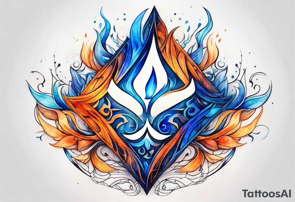 Twin flame symbol with blue and orange fire. Intricate lining and watercolor paint for the fire tattoo idea