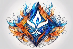 Twin flame symbol with blue and orange fire. Intricate lining and watercolor paint for the fire tattoo idea