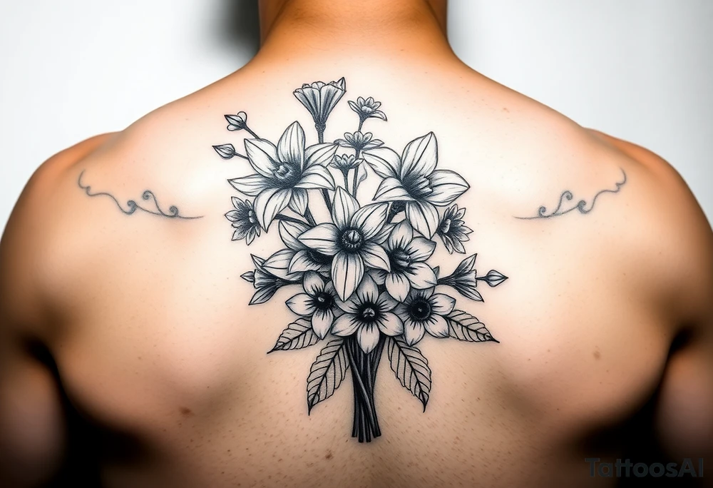bouquet of daffodils, daisies, lily of the valley tattoo idea