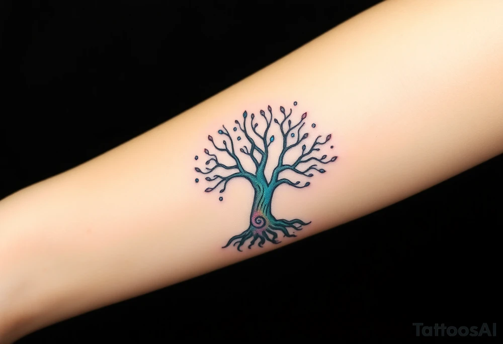 mystical tree of life with cosmic roots and celestial branches tattoo idea